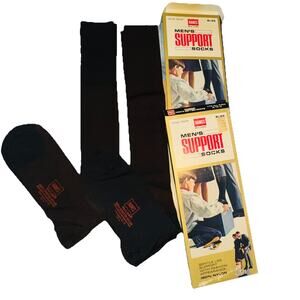 2 New 1960 Vintage Hanes Red Label Mens Support Socks Nylon Black Men's Ephemera